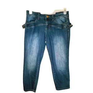 Phat Fashions Silver Rocker Y2K Embroidered Capri‎ Denim Jeans 9 32x21 Stretchy